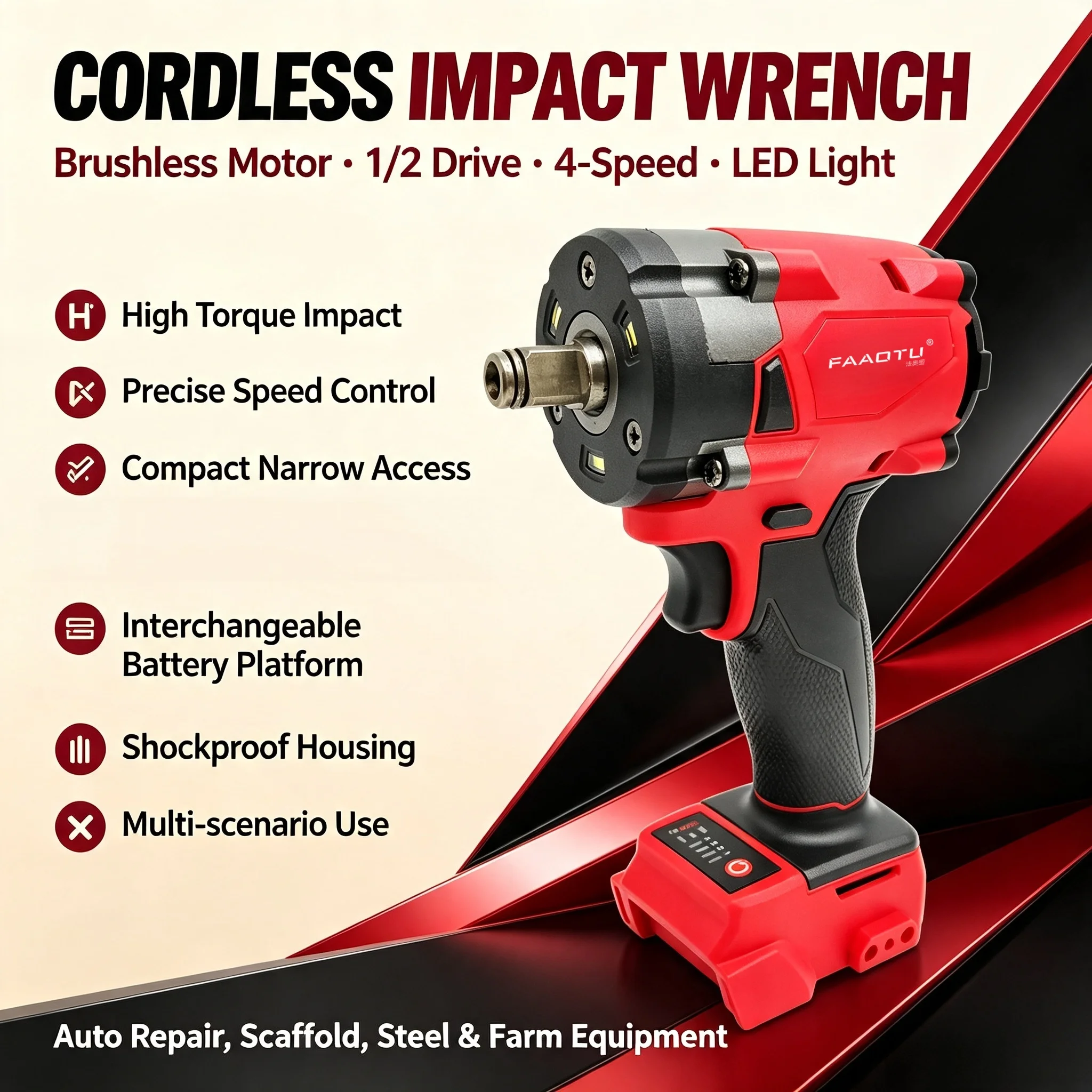 Auto Repair Tools - FAAOTU 18V Brushless Cordless 1/2 Inch